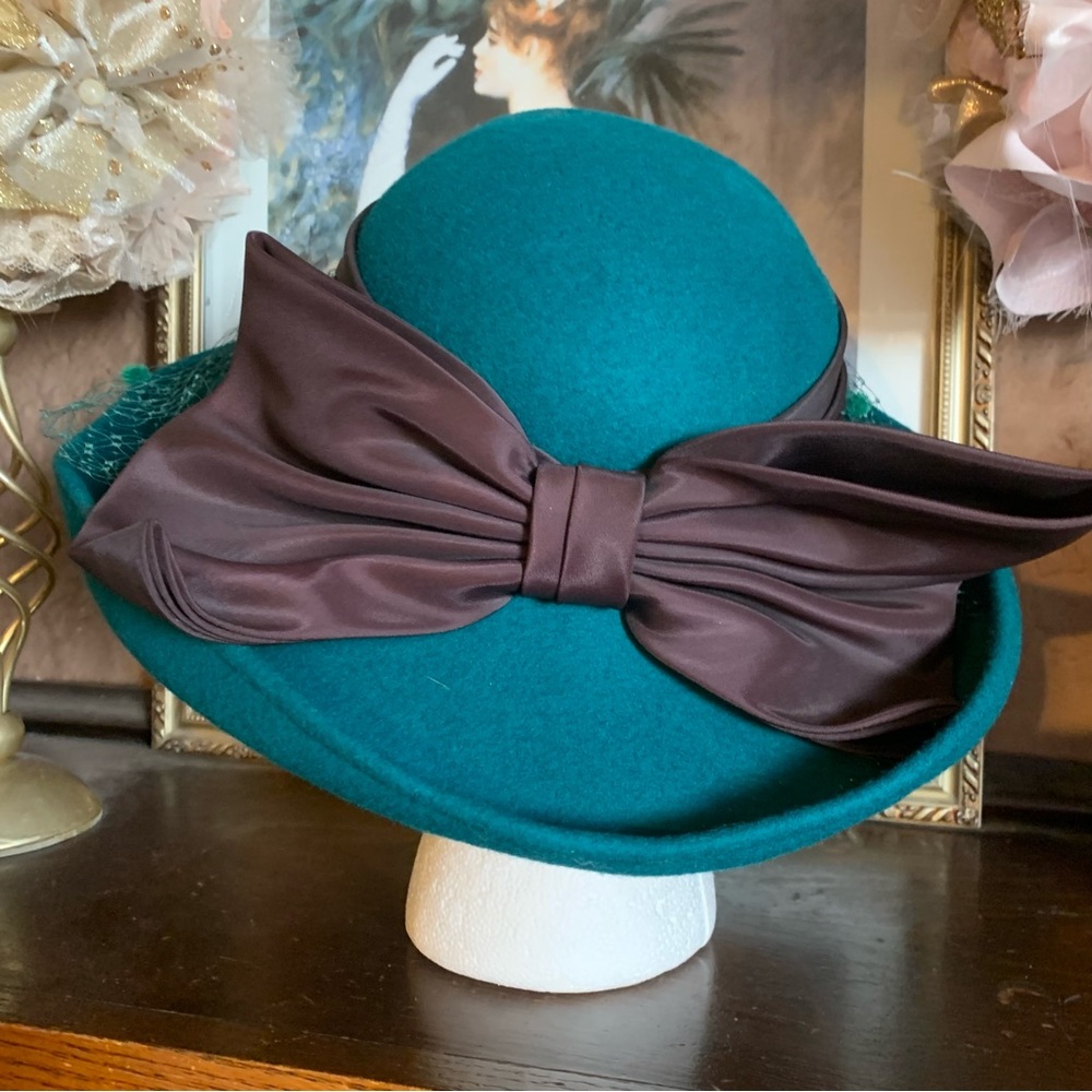 VINTAGE 1980'S MICHAEL HOWARD TEAL AND BROWN WOOL HAT - Picture 5 of 13